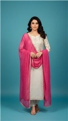 Ivory Embroidered Straight-Cut Kurta Set with Pink Bandhani Dupatta | Festive Ethnic Wear