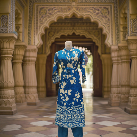 Blue Floral & Geometric Printed Kurti with Solid Pants | Indigo Cotton Blend Coord Set