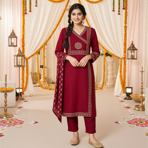 Aesha Maroon Cotton Printed Kurti Set with Dupatta
