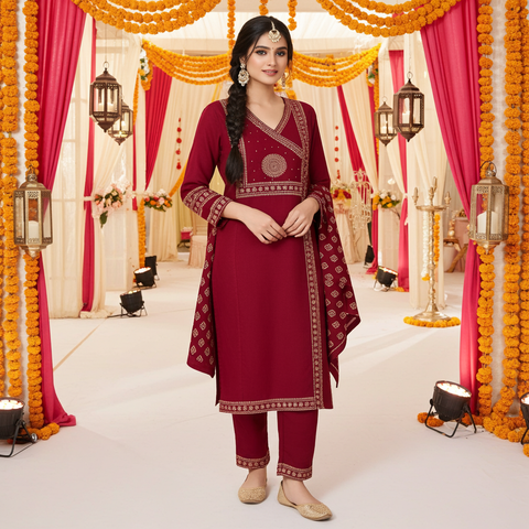 Aesha Maroon Cotton Printed Kurti Set with Dupatta | Festive Casual Ethnic Wear