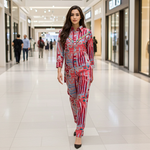 Puja Abstract Print Cotton Western Coord Set | Mirror Bead Yoke | Red-Blue & Yellow-Blue
