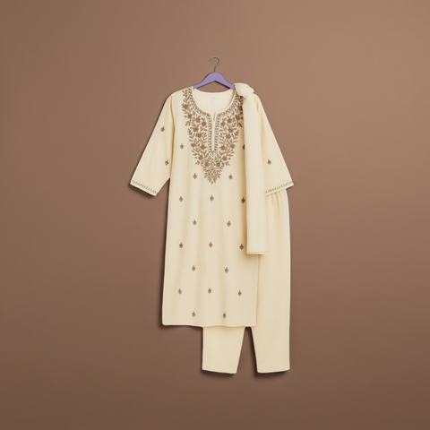 Aesha Cream Embroidered Kurti with Pant & Dupatta Set