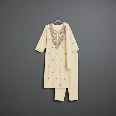 Aesha Cream Embroidered Kurti with Pant & Dupatta Set