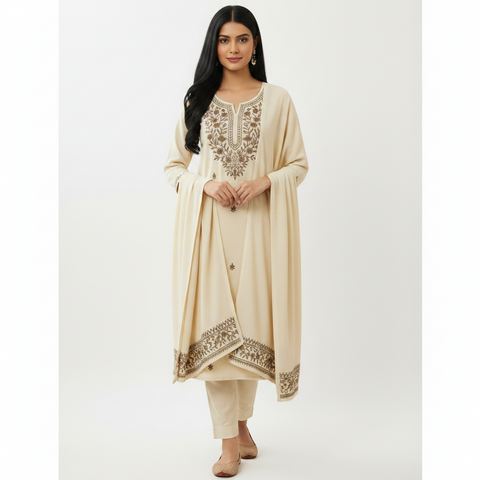 Aesha Cream Embroidered Kurti with Pant & Dupatta Set