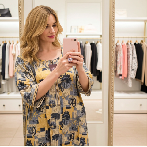 Abstract Printed Cotton Straight Kurti Sky Blue & Mustard