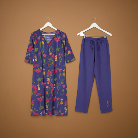 Aesha Purple Multicolor Floral Printed Kurta Set with Pant | Casual Ethnic Coord Set