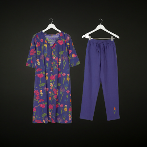 Aesha Purple Multicolor Floral Printed Kurta Set with Pant | Casual Ethnic Coord Set