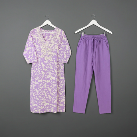 Aesha Lavender Floral Cotton Kurta Set with Embroidery & Pant | Casual Ethnic Wear