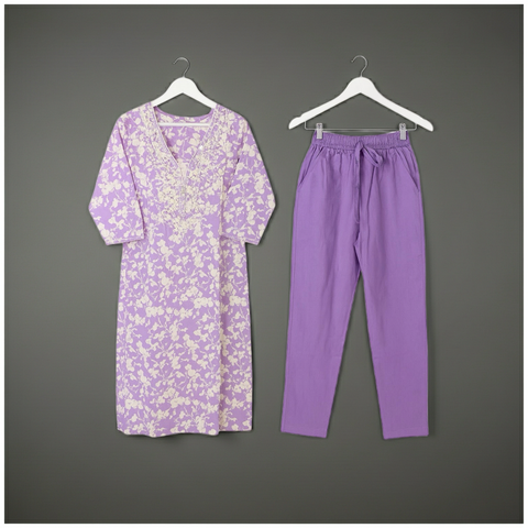 Aesha Lavender Floral Cotton Kurta Set with Embroidery & Pant | Casual Ethnic Wear