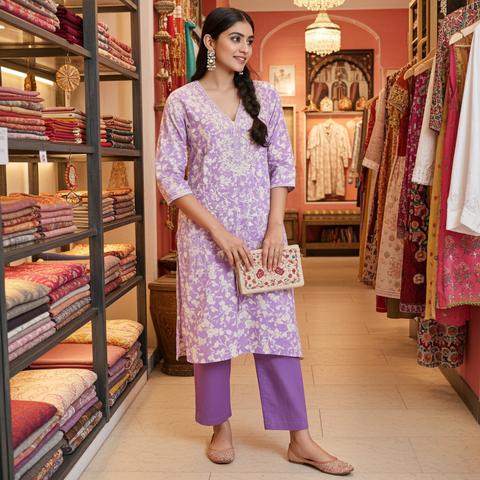 Aesha Lavender Floral Cotton Kurta Set with Embroidery
