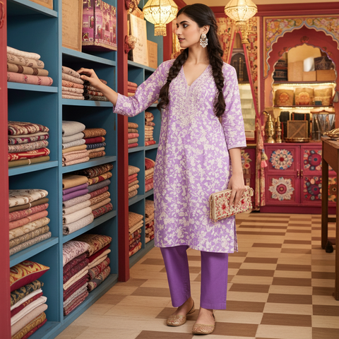 Aesha Lavender Floral Cotton Kurta Set with Embroidery & Pant | Casual Ethnic Wear