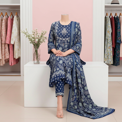 Navy Blue Anarkali Kurti with Floral Print, Straight Pants & Dupatta | Festive Ethnic Set