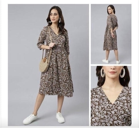 Jenesiya Brown Floral V-Neck Midi Dress with 3/4 Sleeves