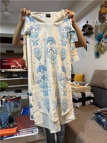Mayuri II Ivory Cotton Blue Embroidered Kurta with Palazzo Set | Blue Floral Thread Lace V-Neck | Office Casual Semi-Formal