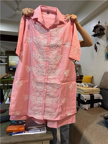 Mayuri II Blush Pink Cotton Embroidered Long Shirt with Palazzo Set | White Floral Thread Work Collared | Festive Casual