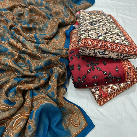 Ajrak Print Dress Material with Gamthi Work | Traditional Kutch Hand Embroidery Mirror | Unstitched Kurti Dupatta