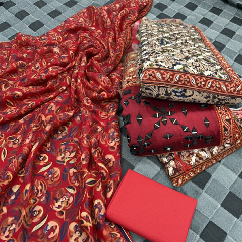 Ajrak Print Dress Material with Gamthi Work | Traditional Kutch Hand Embroidery Mirror | Unstitched Kurti Dupatta
