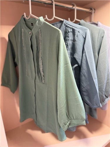 Mish Solid Mandarin Collar Kurta — Pintuck & Embroidery Detail in Pastel Shades