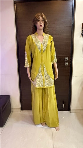 Puja Mustard Mirror Embroidered Coord Set | Hand Mirror Work V-Neck Sharara | Festive Ethnic