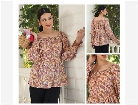 Jenesiya Beige & Rust Paisley Smocked Peasant Top — Boho Rayon Blend with Balloon Sleeves
