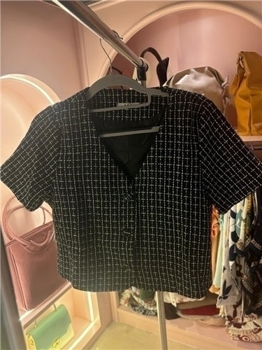 Checked Pattern Button Top — Classic Black & White Smart-Casual Wear