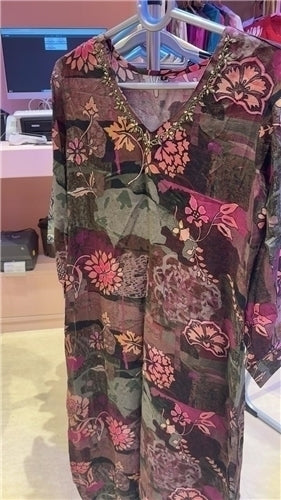 Aesha Floral Printed Kurti with Solid Magenta Bottom | Wine Olive Pink Bead Neckline Rayon | Festive Casual