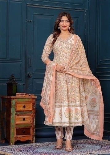 Peach Floral Printed Anarkali Suit Set