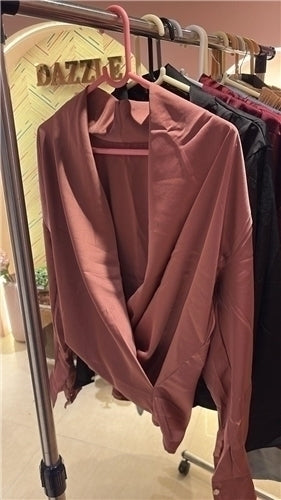 Satin Drape Top — Deep V-Neck Luxe Blouse with Pearl Button Cuffs