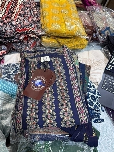 Kasa Navy Blue Floral Stripe Salwar Suit with Pant Set