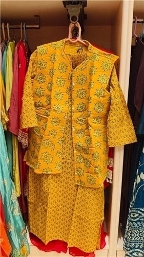 Yellow Cotton Printed Kurta with Quilted Jacket Set | Mustard Geometric Block Print Floral Quilted Sleeveless Jacket Patch Pockets | Festive Casual