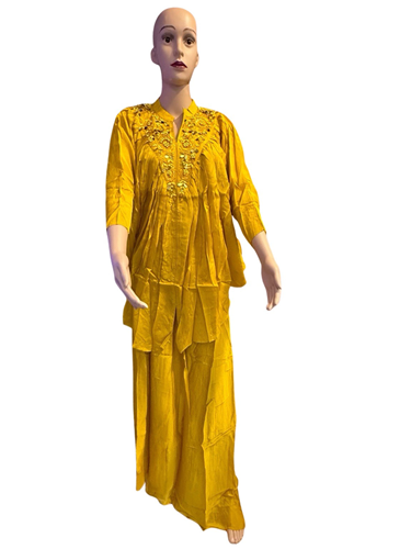 Puja Mustard Yellow Embroidered Kaftan Coord Set | Floral Mirror High-Low Palazzo | Resort Festive
