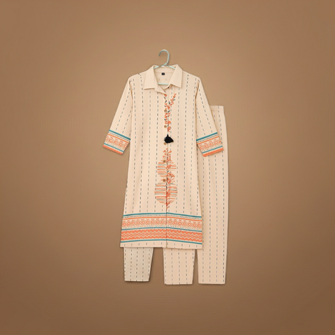 Aesha Beige Striped Printed Kurti with Pant Set | Shirt Collar Tassel Floral Border Cotton Blend | Casual Fusion Ethnic