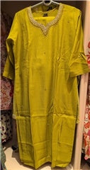 Golden Lime Silk-Blend Kurta with Embroidered Neckline | Festive Casual Ethnic Wear for Women