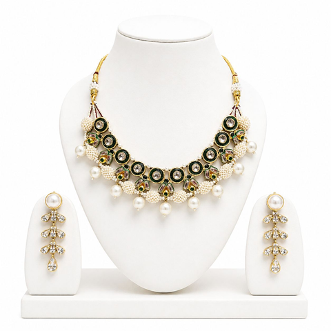 Emerald Green Kundan Pearl Necklace Set