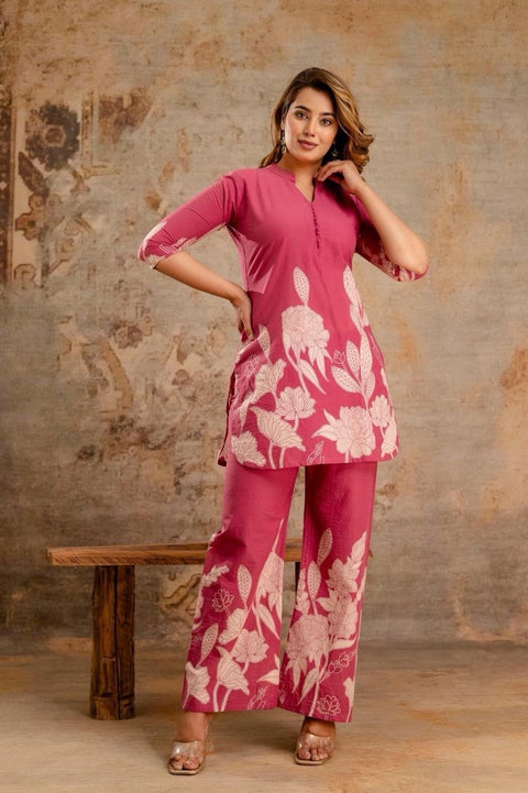 Swarit Floral Printed Coord Set | V-Slit Potli Button Elbow Sleeve Wide Pants 60x60 Pure Cotton | Casual Brunch Summer