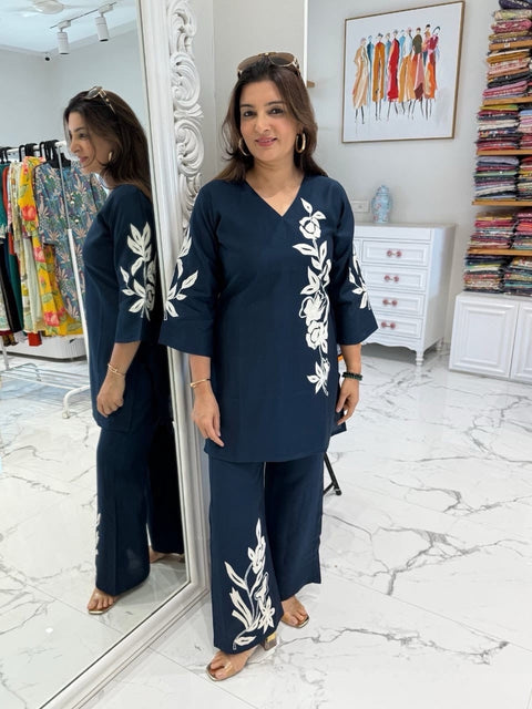 Swarit Cotton Coord Set with Floral Embroidery | V-Neck 3/4 Sleeve Wide-Leg Pants 60x60 Pure Cotton | Taupe Navy Blush Pink