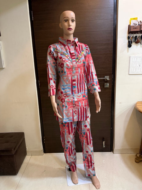 Puja Abstract Print Cotton Western Coord Set | Mirror Bead Yoke | Red-Blue & Yellow-Blue