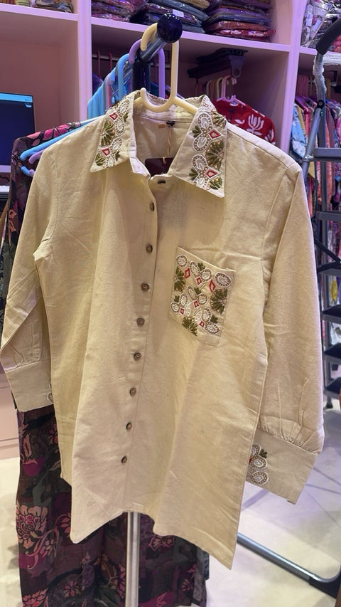 Aesha Beige Embroidered Shirt Kurti with Matching Pants | Thread Work Collar Cuff Cotton Blend | Office Casual Indo-Western