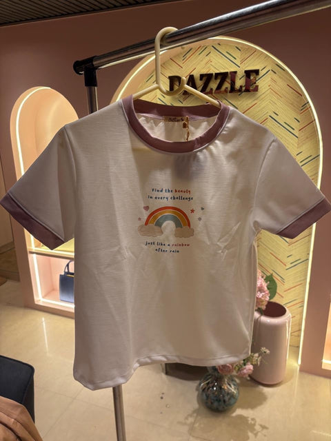 Rainbow Print White Crop T-Shirt — Lavender Trim Inspirational Graphic Tee