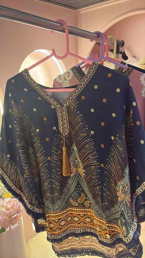 Multicolour Patchwork Boho Kaftan — Tassel Neckline Loungewear & Resort Wear
