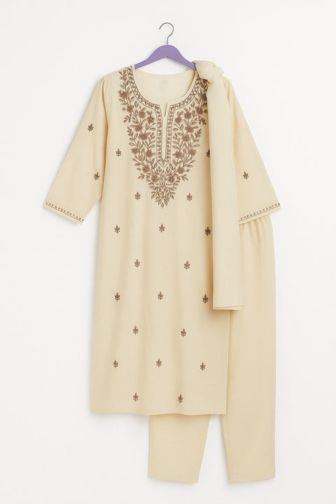 Aesha Cream Embroidered Kurti with Pant & Dupatta Set