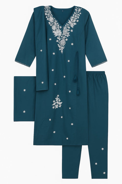 Aesha Teal Blue Floral Embroidered Kurti with Pant & Dupatta Set | Festive Party Wear