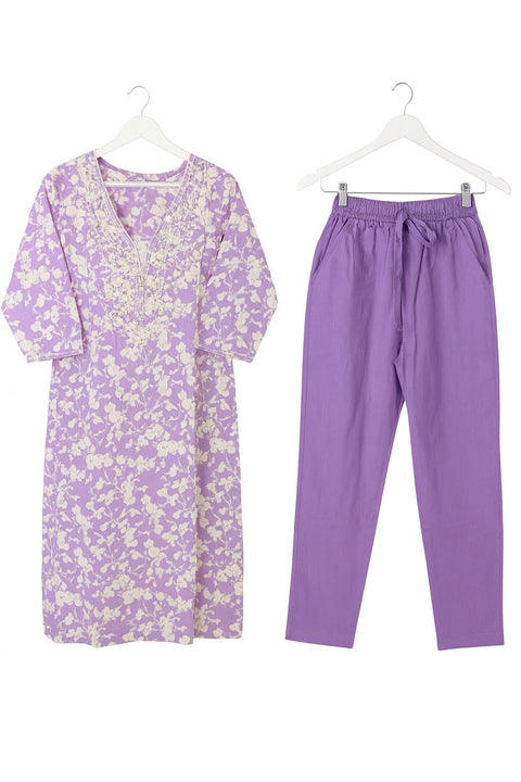 Aesha Lavender Floral Cotton Kurta Set with Embroidery & Pant | Casual Ethnic Wear
