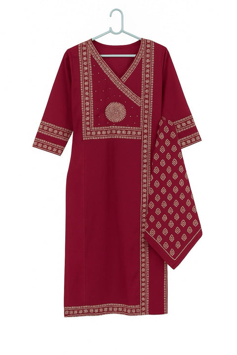Aesha Maroon Cotton Printed Kurti Set with Dupatta | Festive Casual Ethnic Wear