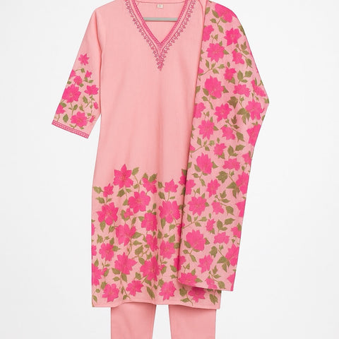 Aesha Pink Floral Printed Kurti with Pant & Dupatta Set | Casual Festive Ethnic Wear