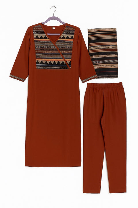 Aesha Rust Brown Tribal Embroidered Kurti with Pant & Dupatta Set | Festive Ethnic Wear