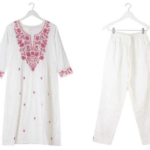 Aesha White Cotton Kurta Set with Maroon Hand Embroidery & Pant | Casual Ethnic Wear