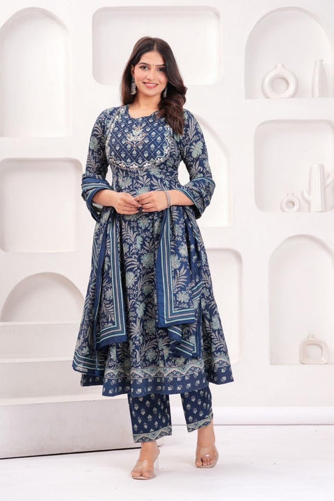 Navy Blue Anarkali Kurti with Floral Print, Straight Pants & Dupatta | Festive Ethnic Set