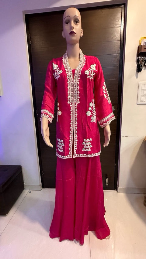Puja Hot Pink White Floral Embroidered Kurti with Flared Sharara Set | Festive Ethnic Wear