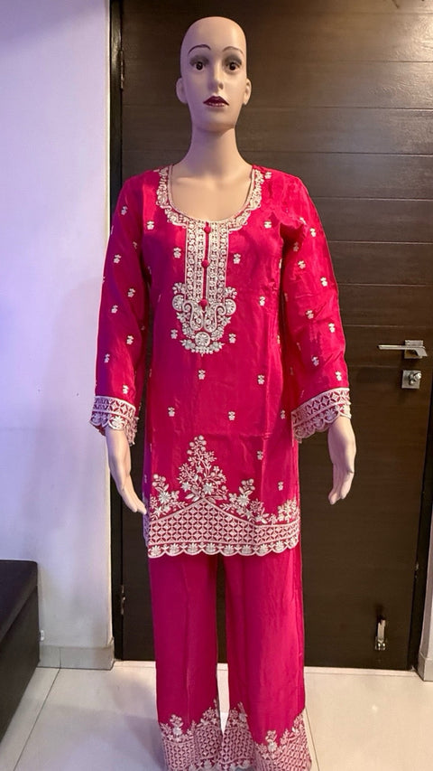 Puja Hot Pink Heavy Embroidered Kurti with Pants Set | White Thread Festive Coord